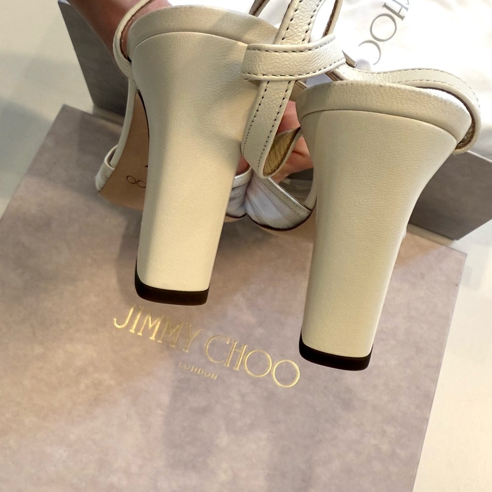 JIMMY CHOO Sacaria 85 Block Heels Sandals Cream White Bridal Pearl 37.5 7.5 - Picture 9 of 14